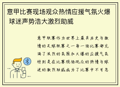 意甲比赛现场观众热情应援气氛火爆 球迷声势浩大激烈助威