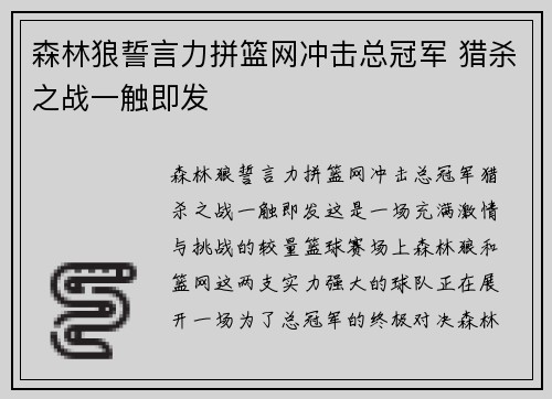 森林狼誓言力拼篮网冲击总冠军 猎杀之战一触即发