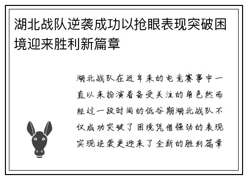 湖北战队逆袭成功以抢眼表现突破困境迎来胜利新篇章