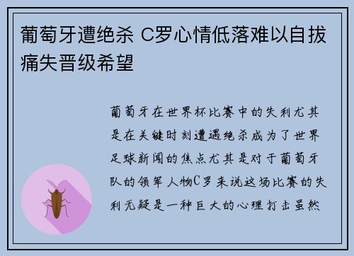 葡萄牙遭绝杀 C罗心情低落难以自拔痛失晋级希望