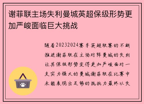 谢菲联主场失利曼城英超保级形势更加严峻面临巨大挑战